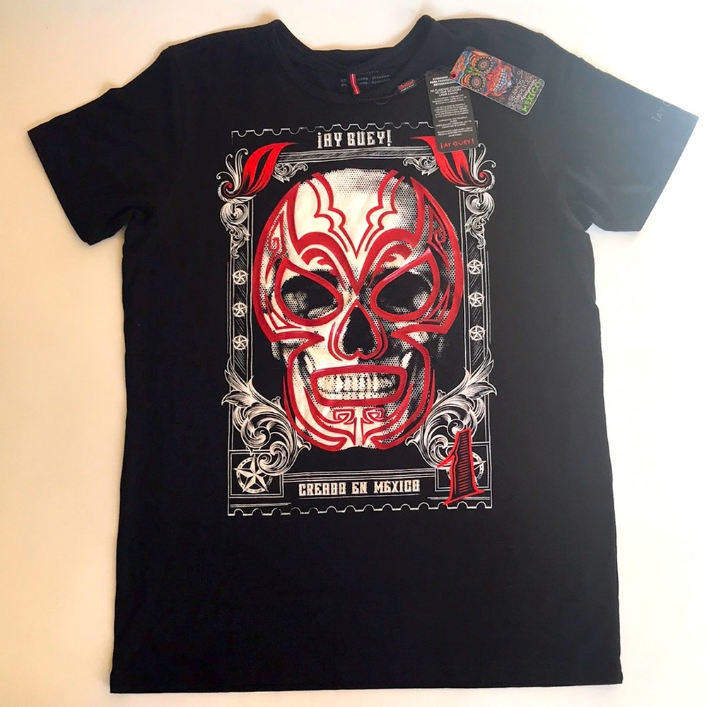 ¡Ay Güey! NWT t-shirt black w/ red white skull szS